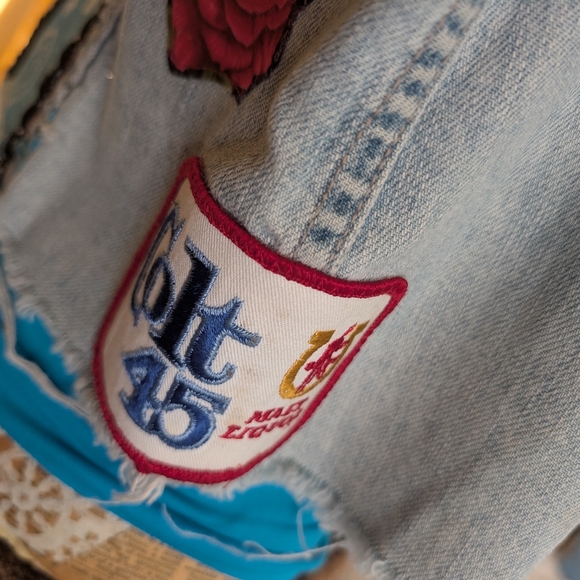 Denim vest, embellished w fabrics, fringe, cowboy boot patch, HANDMADE ITEM - Picture 11 of 11